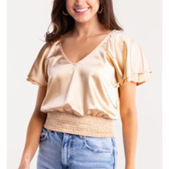 NWT S'EDGE Womens Satin Simone Short Sleeve top in Angelic, M, Fits Large), 172$ - Picture 1 of 8
